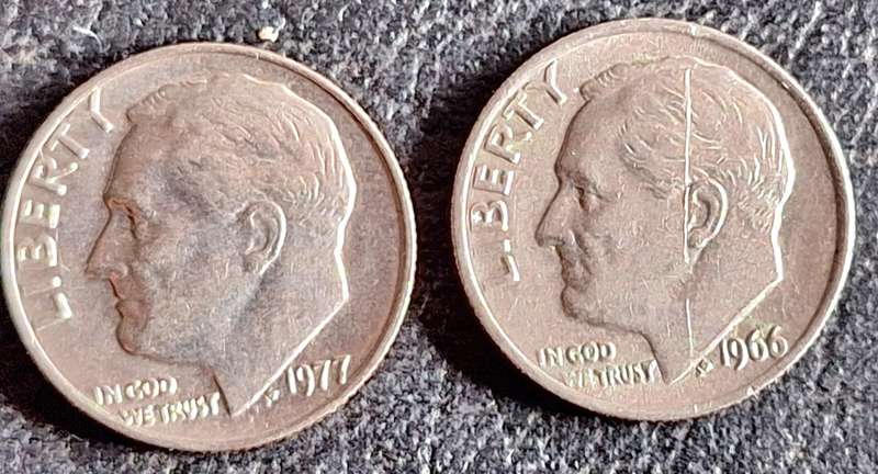 USA 1966 and 1977 1 Dime "Roosevelt Dime" Copper-nickel clad copper