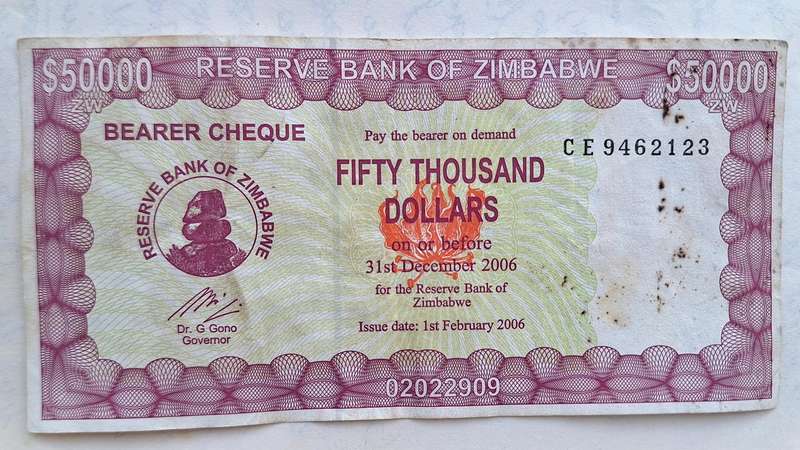 Zimbabwe Bearer Cheque 2006 CE 9462123 Fifty Thousand Dollars