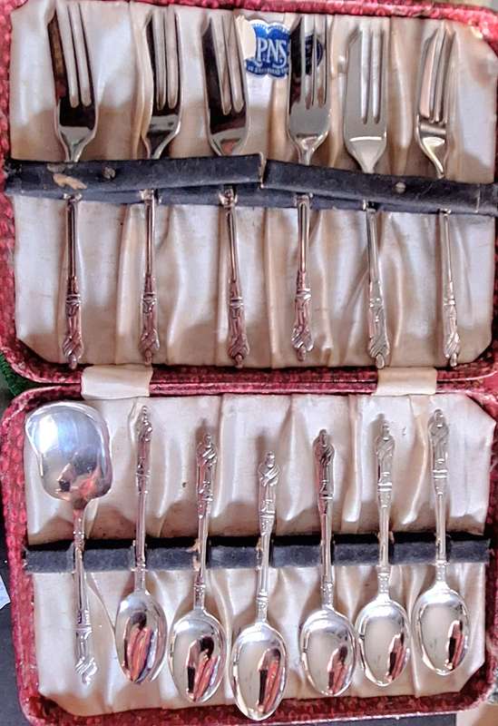 Vintage Boxed Set of 13 Piece Apostle Teaspoons, Cake Forks and Jam Spoon