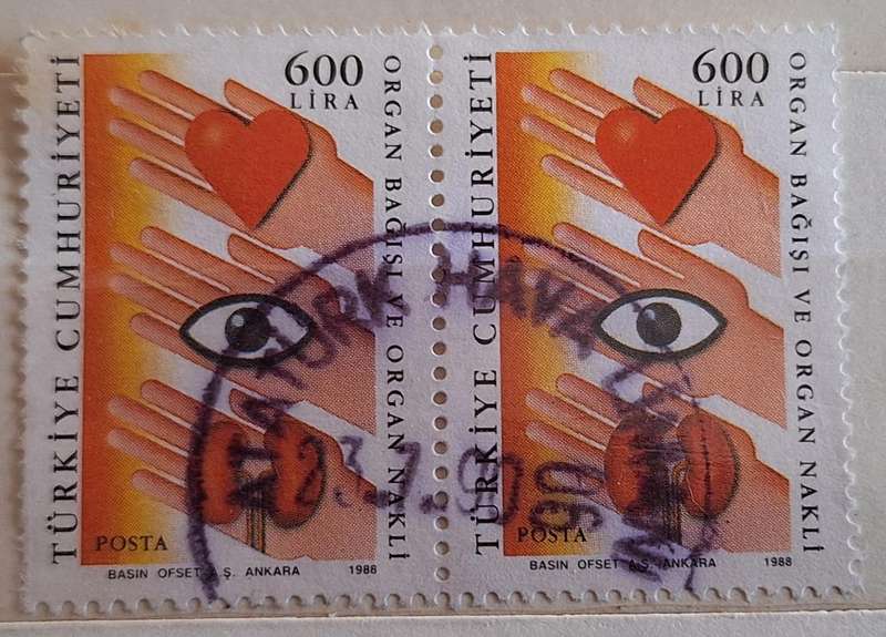 Turkey 1988 Health Pair of Used 600L Organ Donation stamps