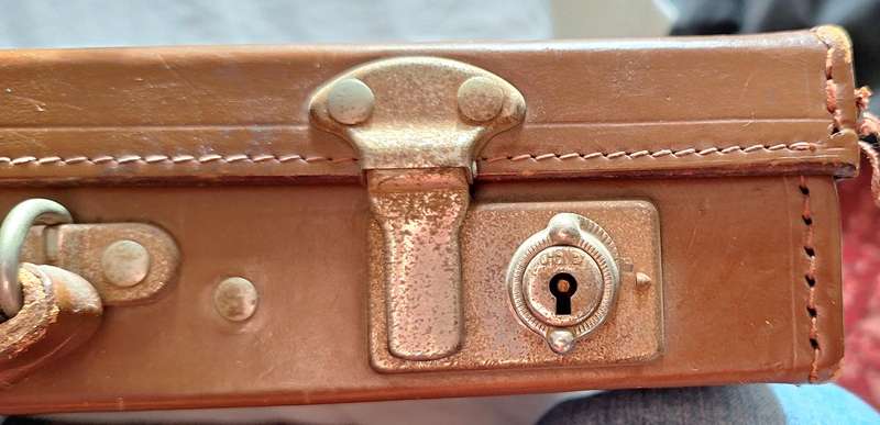 Vintage Masonic Suitcase with letters E.V.M. Lid front corners need stitching