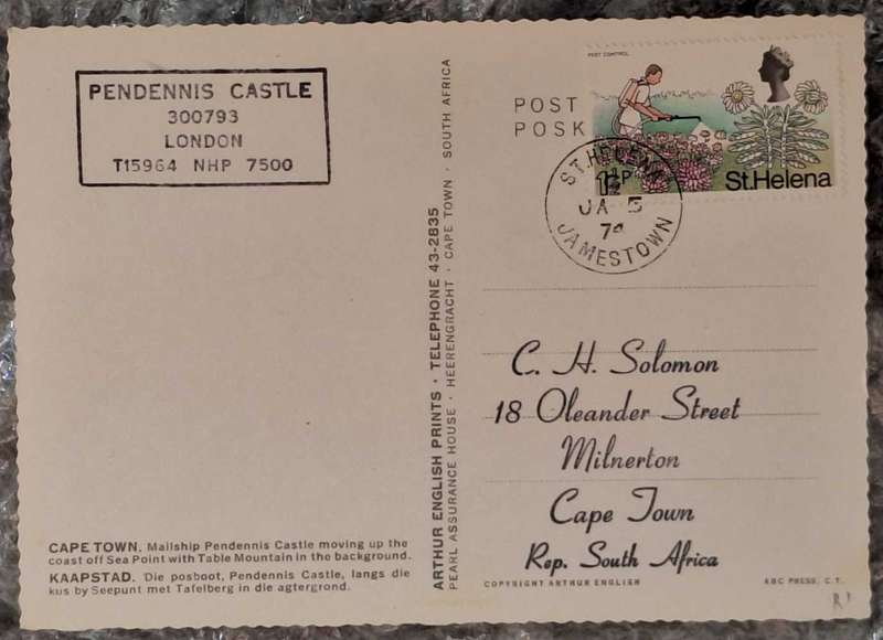 Post Card Pendennis Castle with Cape Town background with Jamestown St Helena 74 Cancellation