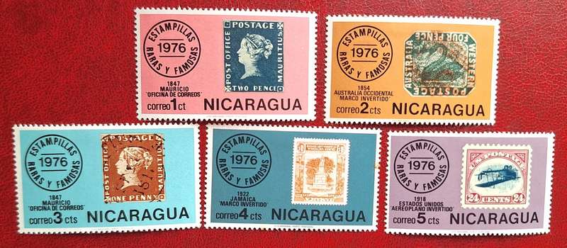 Nicaragua 1976 Rare Stamps on Stamps 5 Unused Hinged with details of Rare item on Back