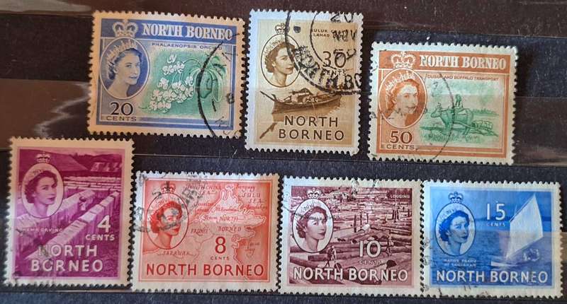 North Borneo 1954 and 1961 Definitives QEII Local Motifs 7 Used Hinged stamps