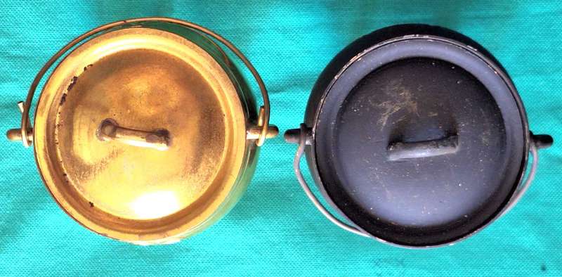 2 Miniature 3 Piece Metal Potjie Pots (One brass finish and One Cast Iron finish)