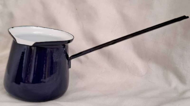 Vintage Blue Enamelware Ladle Dipper Butter Sauce Pot with Spout, made in Poland