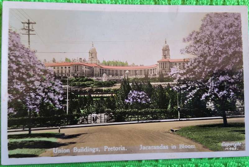 Vintage Post Card Union Buildings, Pretoria.  Jacarandas in Bloom.