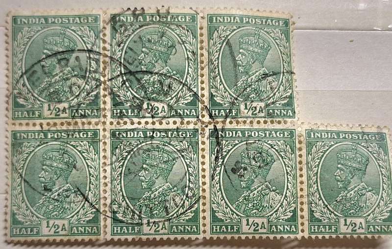 India 1932-1936 King George V 1/2A Block of 7 Used stamps