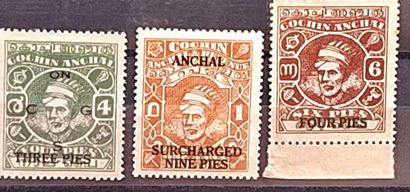 India Cochin Anchal Indian State Overprints 3 Unused Hinged stamps