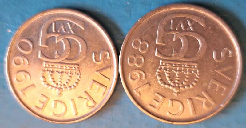 Sweden 1988 1990 (2 Coins) 5 Kr Copper-nickel