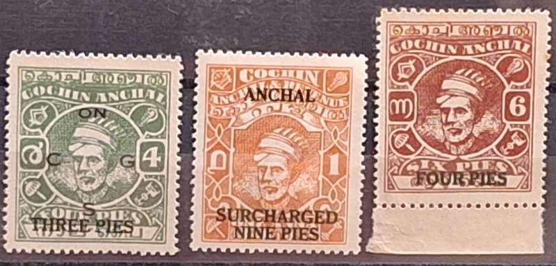 India Cochin Anchal Indian State Overprints 3 Unused Hinged stamps