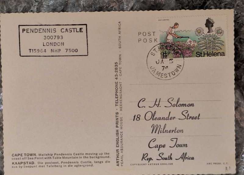 Post Card Pendennis Castle with Cape Town background with Jamestown St Helena 74 Cancellation