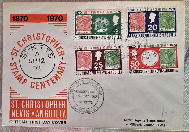 St Christopher Nevis Anguilla 1970 Stamp Centenary FDC