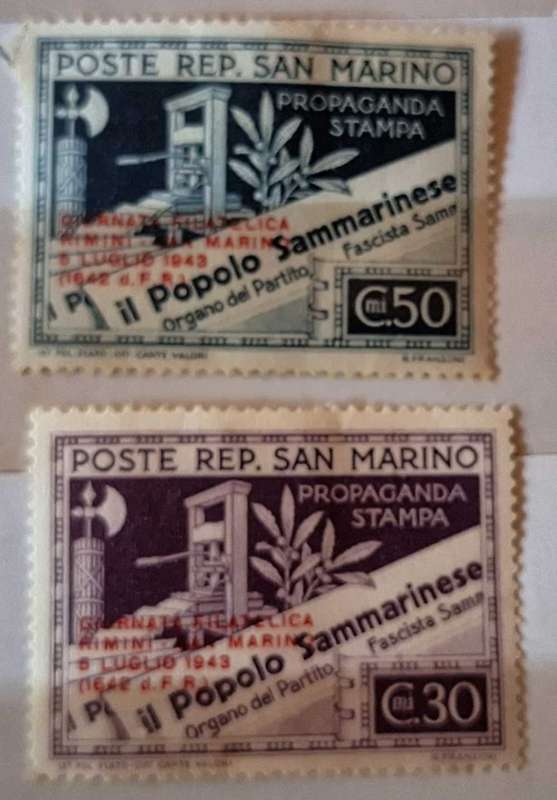 San Marino 1943 Philatelic Congress Red Overprint 2 Unused Hinged Propaganda Stamps