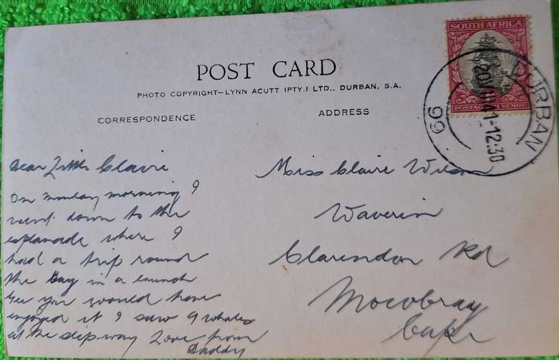 Vintage Lynn Acutt Post Card Esplanade, Durban Posted to Cape Town 1941