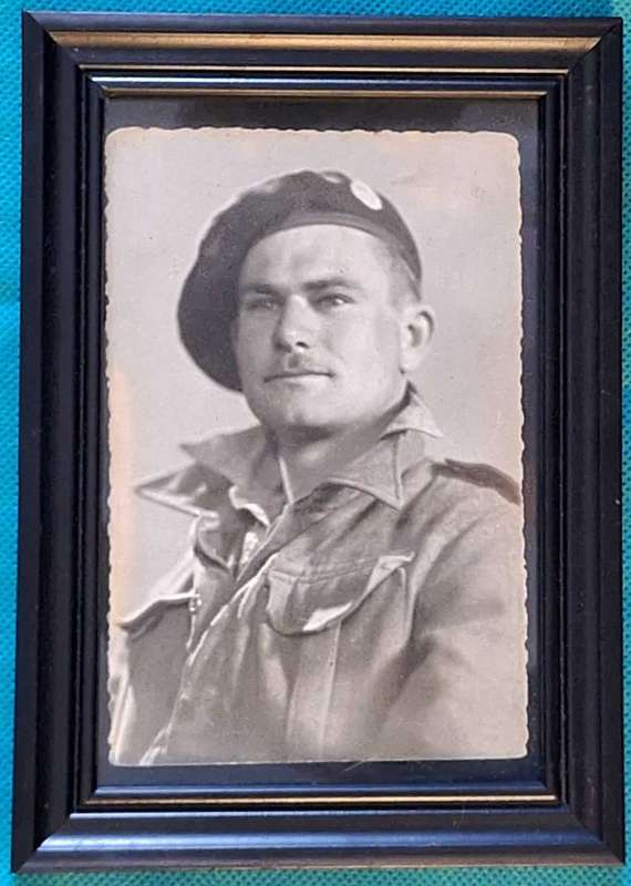 Framed Black and White Post Card size Photograph Soldier