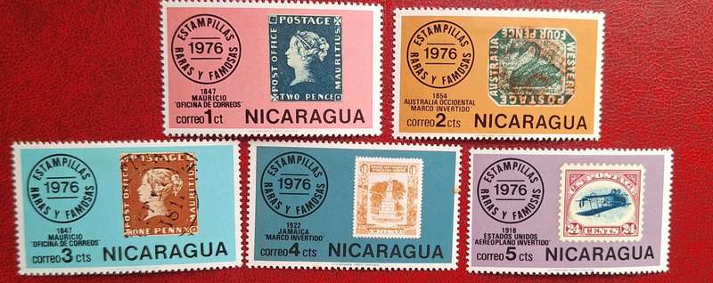 Nicaragua 1976 Rare Stamps on Stamps 5 Unused Hinged with details of Rare item on Back