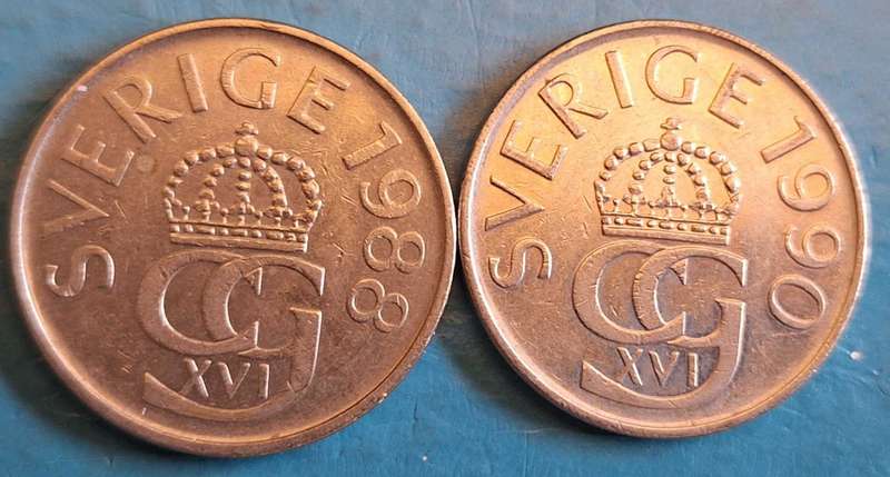 Sweden 1988 1990 (2 Coins) 5 Kr Copper-nickel