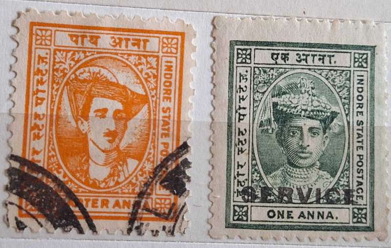 India Indore State 1941 1 Used and 1 Unused Hinged Overprint SERVICE stamp