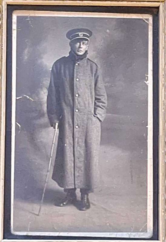 Framed Black and White Post Card size Photograph Man in Military Uniform