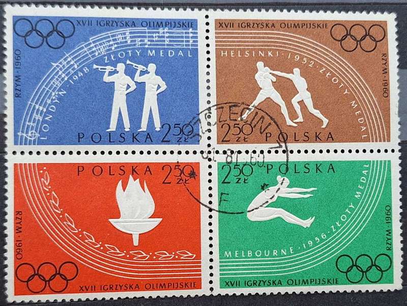 Poland 1960 Polish Olympic Victories Block of 4 Cancelled stamps