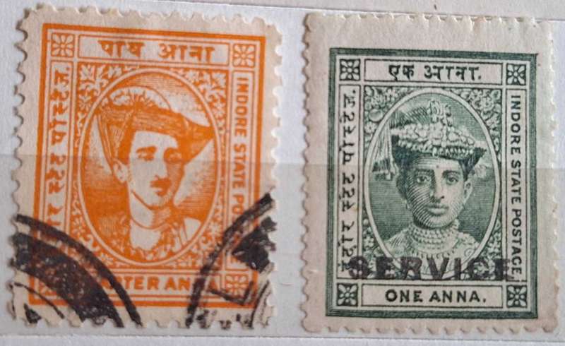 India Indore State 1941 1 Used and 1 Unused Hinged Overprint SERVICE stamp