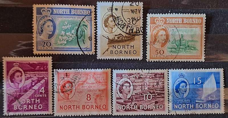 North Borneo 1954 and 1961 Definitives QEII Local Motifs 7 Used Hinged stamps