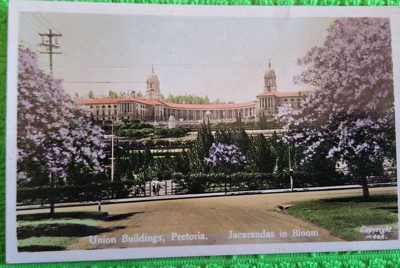 Vintage Post Card Union Buildings, Pretoria.  Jacarandas in Bloom.