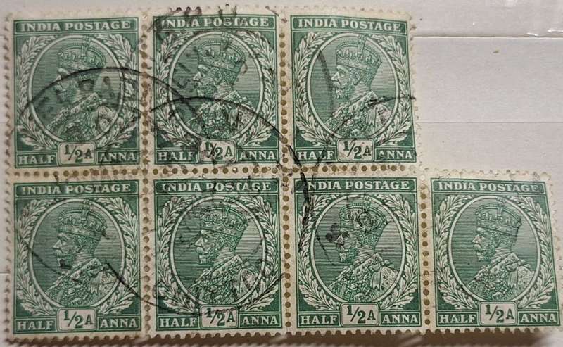 India 1932-1936 King George V 1/2A Block of 7 Used stamps