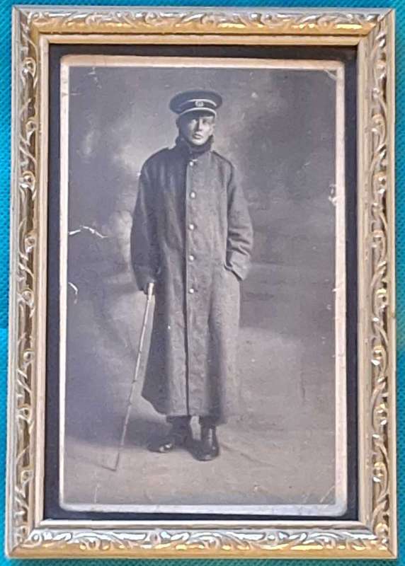 Framed Black and White Post Card size Photograph Man in Military Uniform