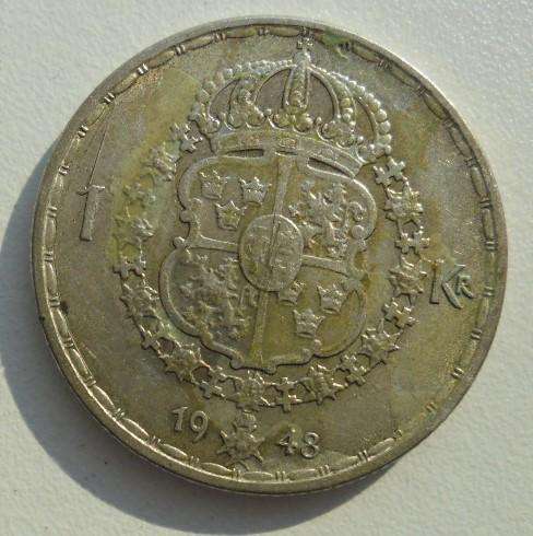1948 SWEDEN GUSTAV 1 KRONE 7g  .4 SILVER