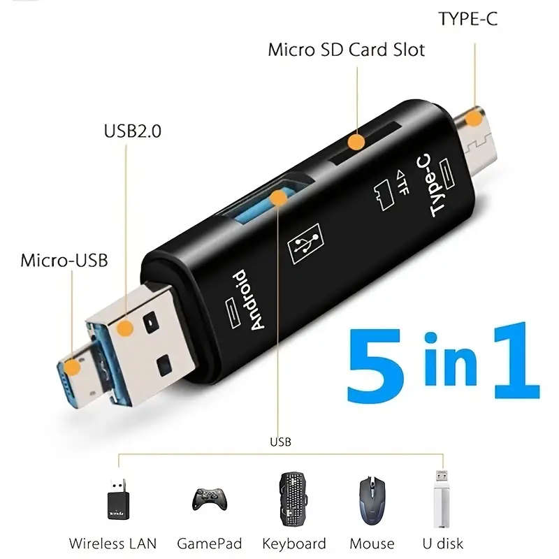 5-in-1 USB Type C/USB/Micro USB/TF/SD Memory Card Reader