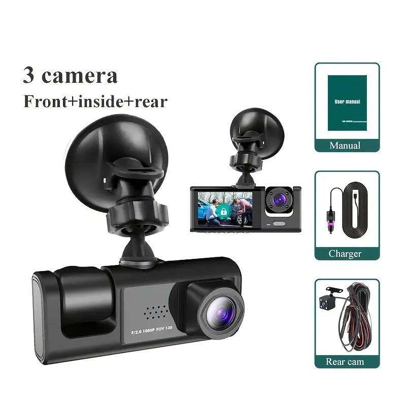 Car Dash Cam with Front, Middle, and Rear Cameras, Reverse image, loop recording car DVR