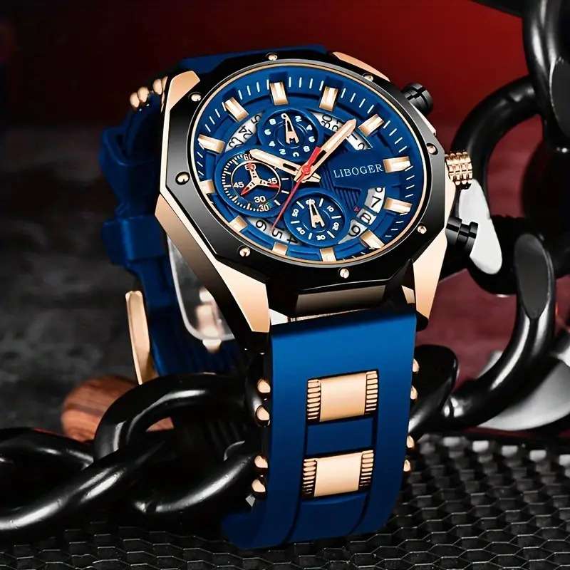 Liboger Business Men's Automatic Watch with Full Dial Calendar and Silicone Strap - BLUE