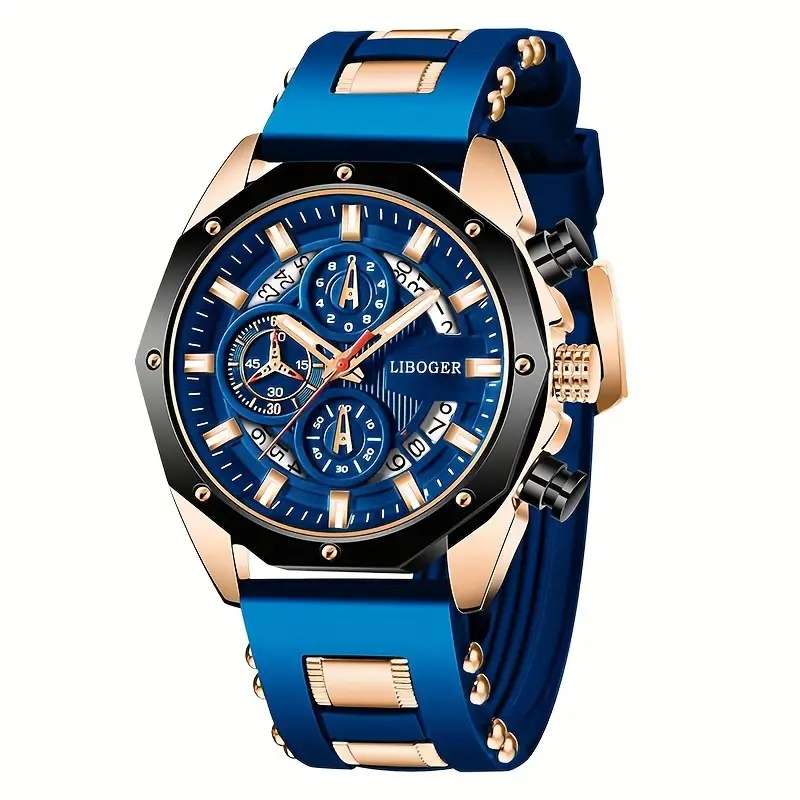 Liboger Business Men's Automatic Watch with Full Dial Calendar and Silicone Strap - BLUE