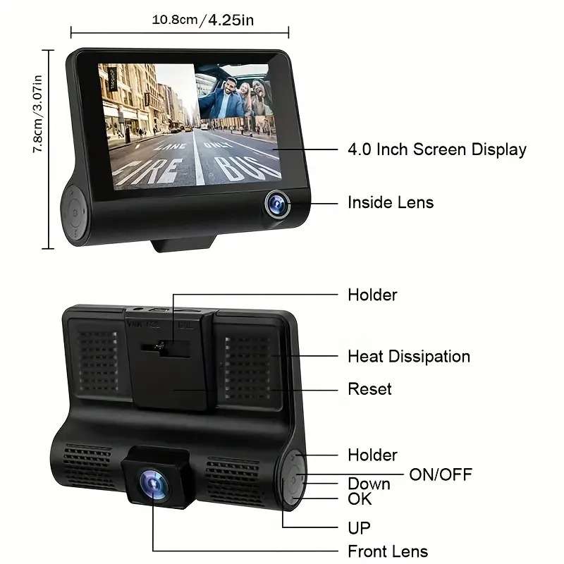 2 Lens Camera Car DVR with 720P Front & 480P Rear View, Night Vision, Loop Recording,Universal Mount