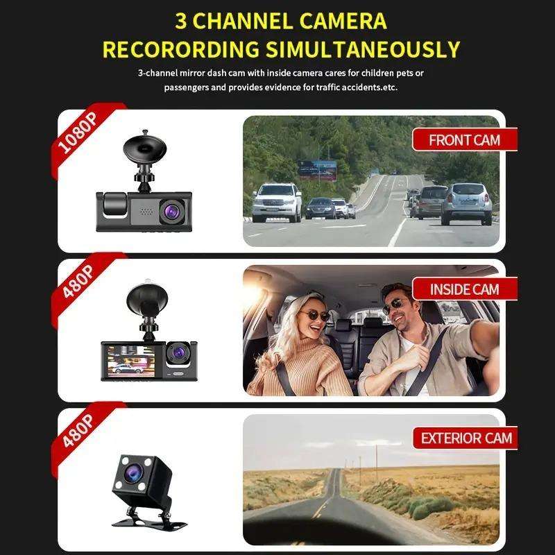 Car Dash Cam with Front, Middle, and Rear Cameras, Reverse image, loop recording car DVR