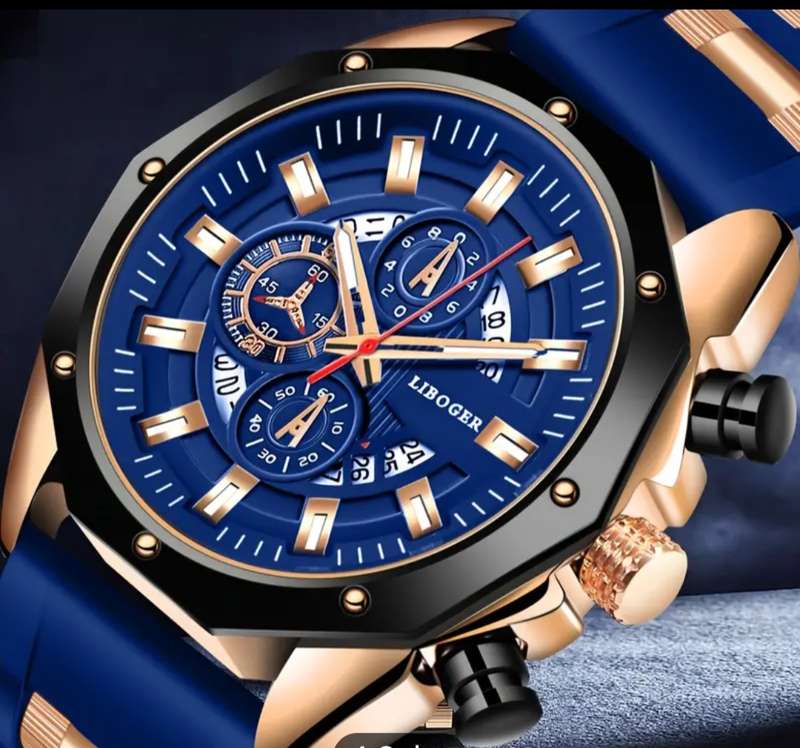 Liboger Business Men's Automatic Watch with Full Dial Calendar and Silicone Strap - BLUE