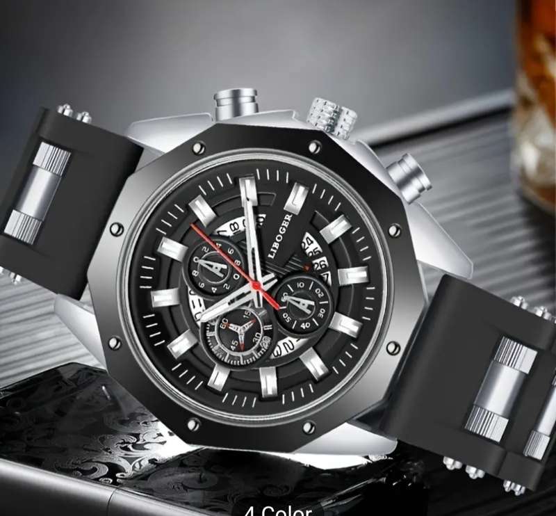 Liboger Business Men's Automatic Watch with Full Dial Calendar and Silicone Strap - BLUE