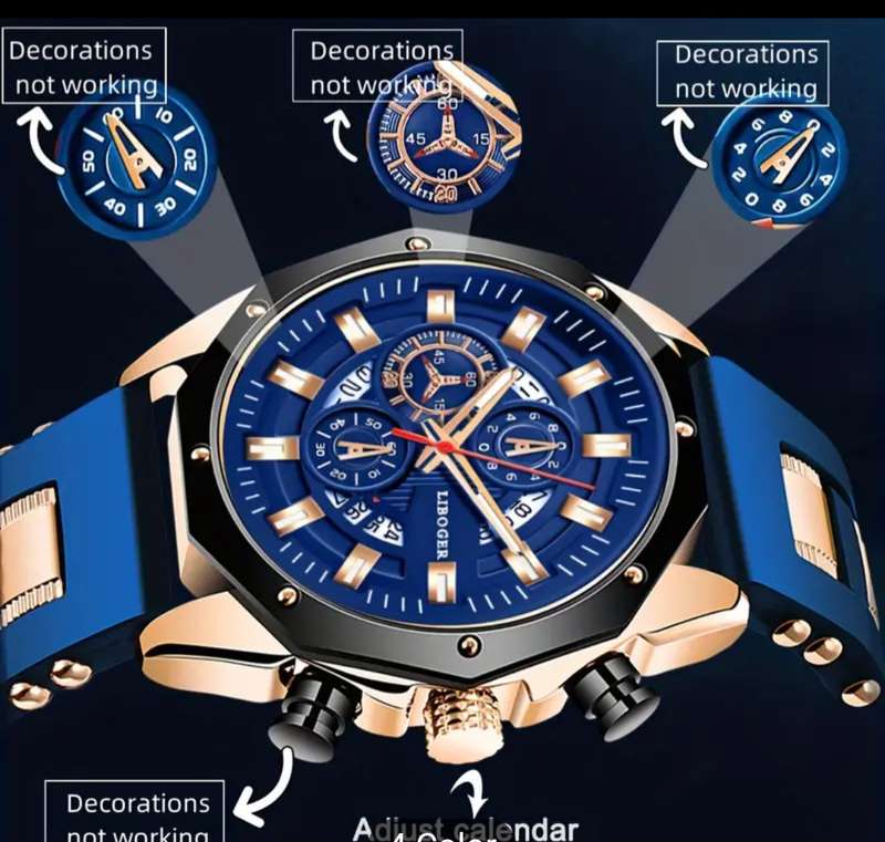 Liboger Business Men's Automatic Watch with Full Dial Calendar and Silicone Strap - BLUE