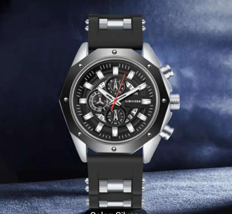 Liboger Business Men's Automatic Watch with Full Dial Calendar and Silicone Strap - BLUE