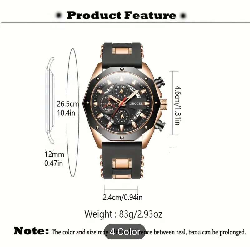 Liboger Business Men's Automatic Watch with Full Dial Calendar and Silicone Strap - BLUE