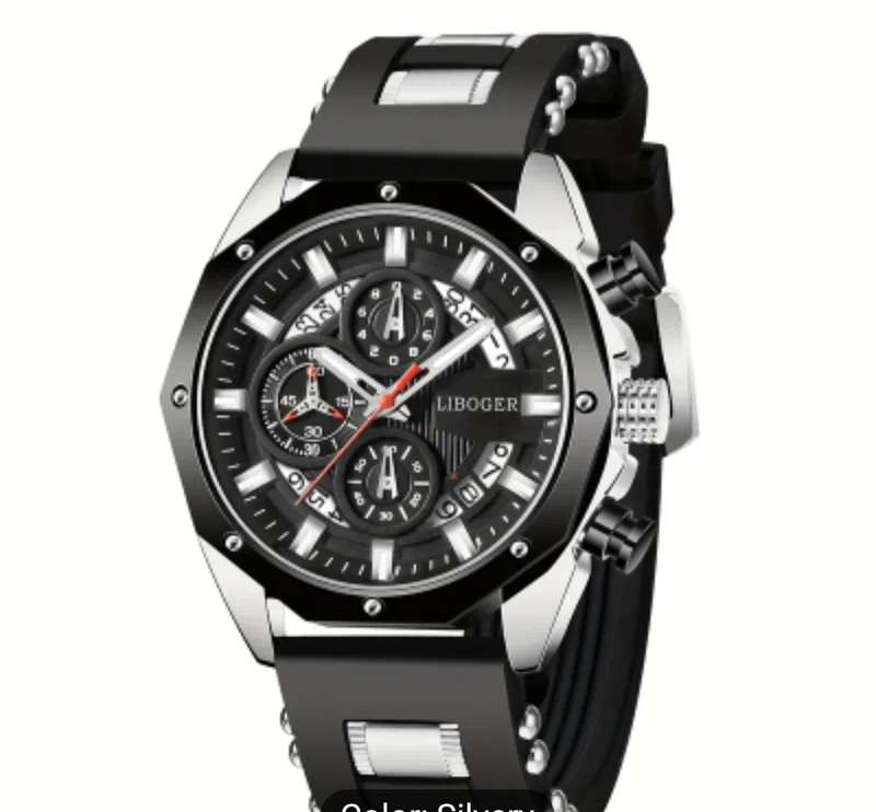 Liboger Business Men's Automatic Watch with Full Dial Calendar and Silicone Strap - BLUE
