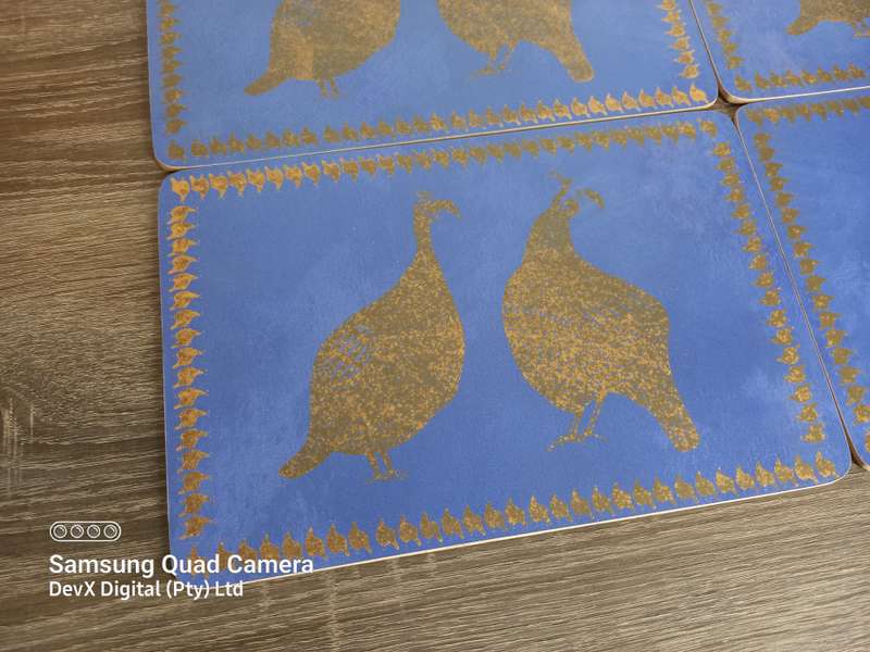 Blue & Gold Peacock Heavy-Duty Wooden Place-mats - Set of 6 - Stunning Dining Elegance
