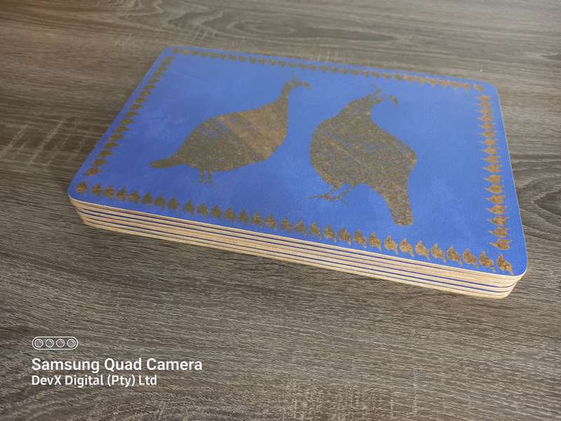Blue & Gold Peacock Heavy-Duty Wooden Place-mats - Set of 6 - Stunning Dining Elegance
