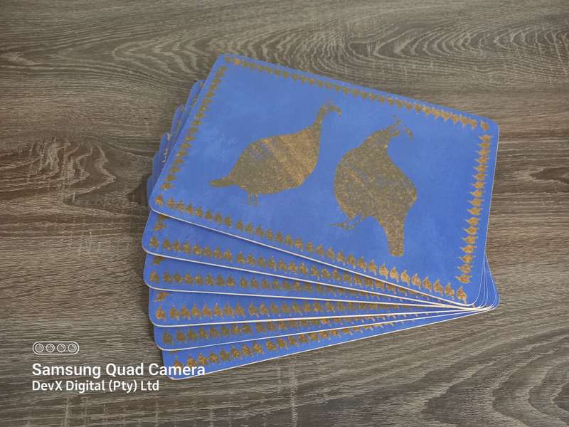 Blue & Gold Peacock Heavy-Duty Wooden Place-mats - Set of 6 - Stunning Dining Elegance