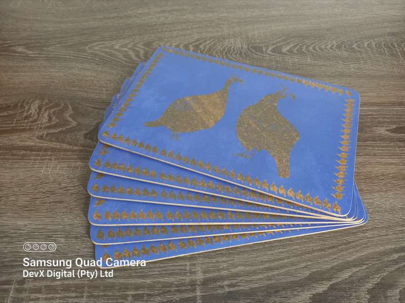 Blue & Gold Peacock Heavy-Duty Wooden Place-mats - Set of 6 - Stunning Dining Elegance