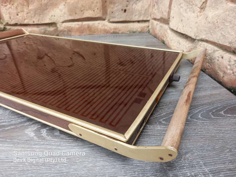 Salton 820W Full Glass Hot Tray - Gold Edge & Wooden Arms - Large Casserole Warmer - Elegant Design