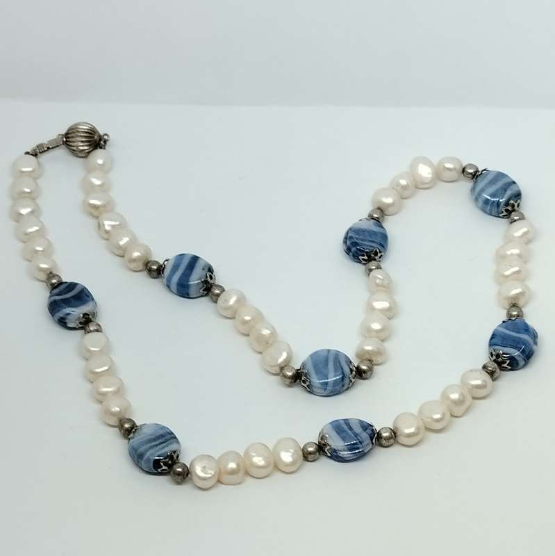 Pearl Necklace with Glass Beads and Sterling Silver Clasp #S0039