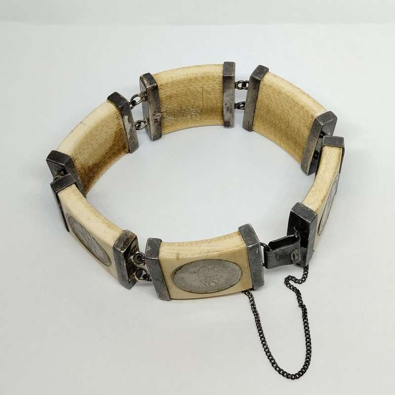 Bone and Silver Bracelet Embedded with Rhodesian 3 Pence Coins #F0079